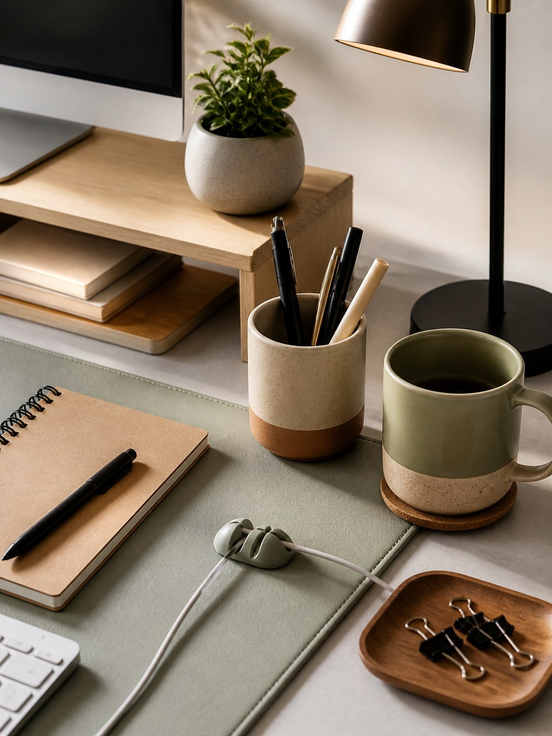 A neat desktop with useful accessories and warm light