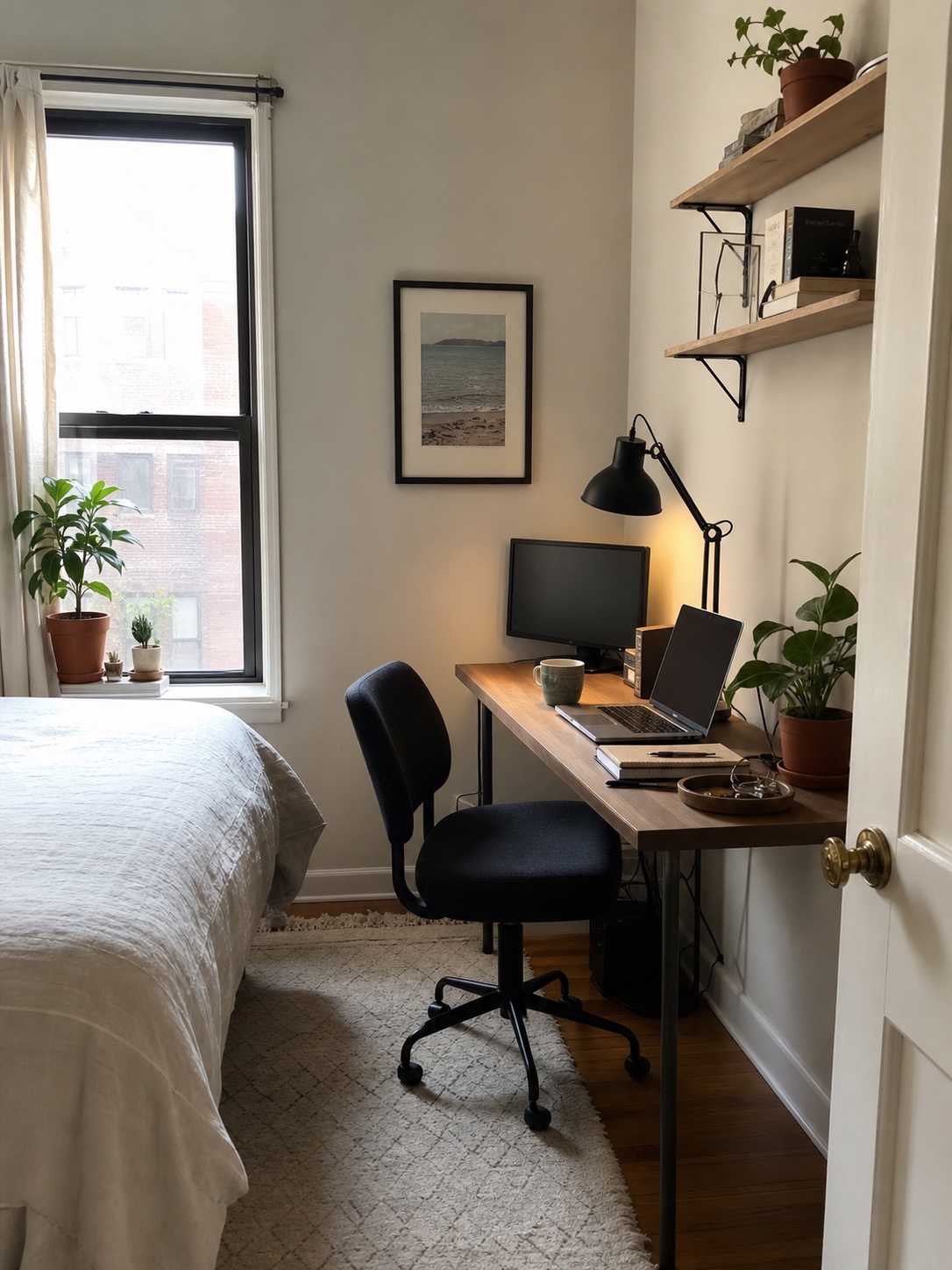 A small bedroom corner with a compact desk, chair, shelves, plants, and daylight from a window