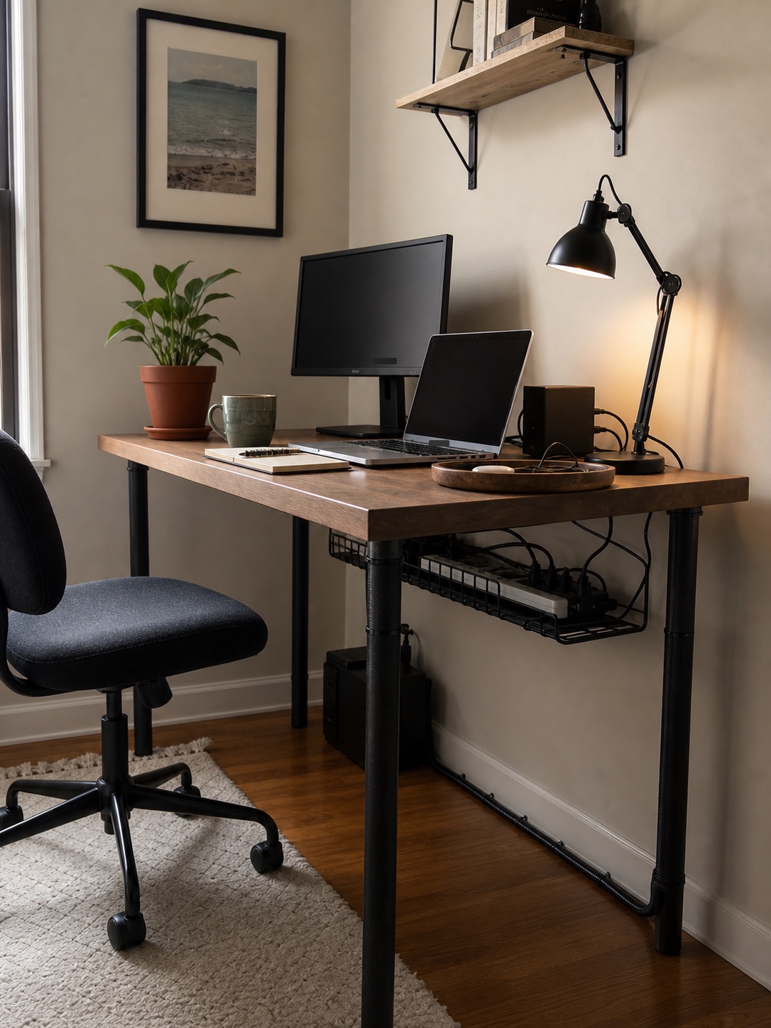 A compact desk with an under-desk cable tray and neatly routed cords