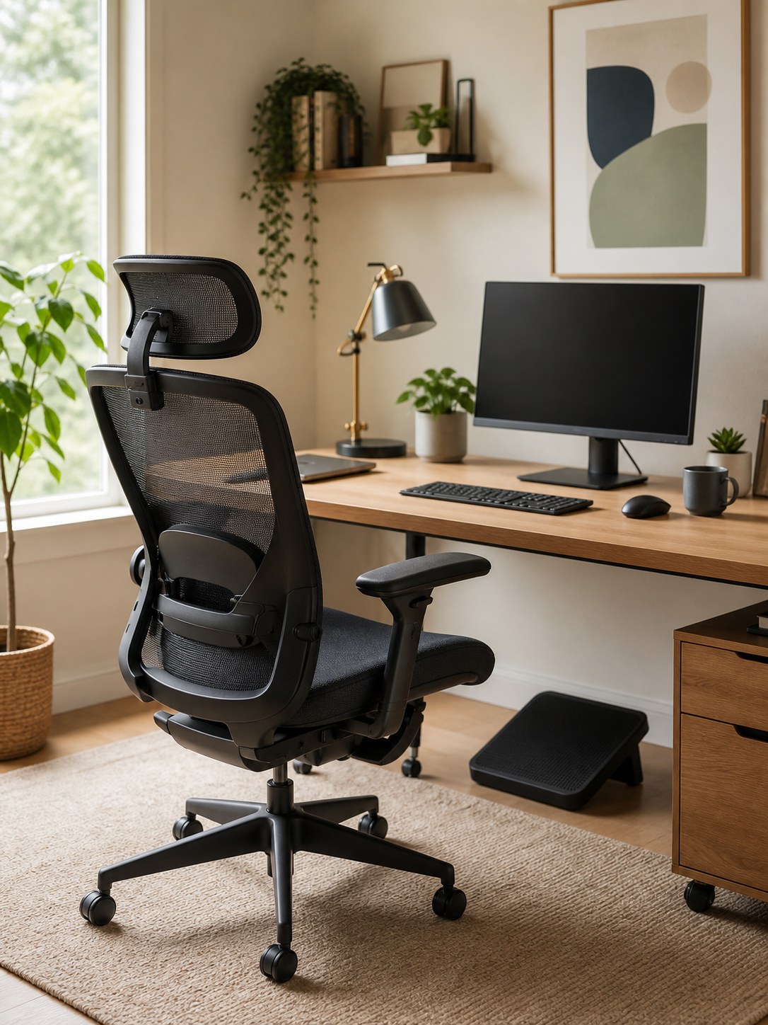 A supportive ergonomic office chair in a bright home workspace