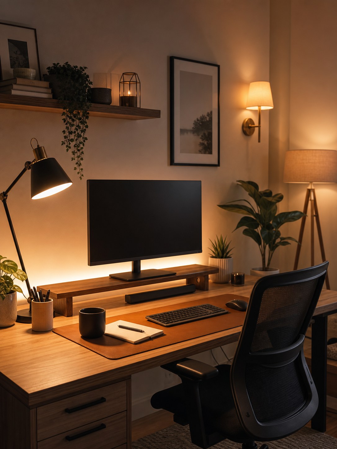 A warm home office desk with layered task and ambient lighting