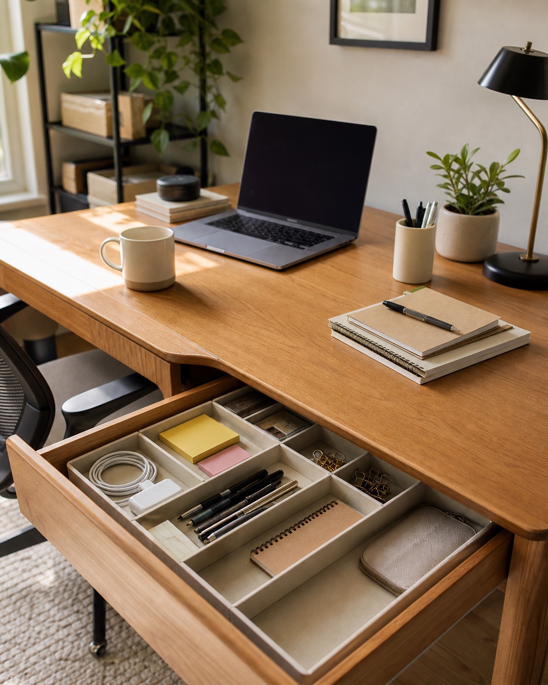 A real home office desk with organized drawer trays, notebooks, a laptop, and desk accessories