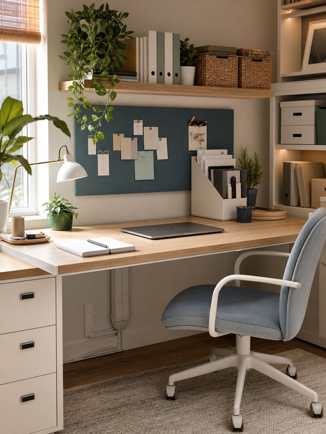 An organized home office with shelves, storage, and a clear desk