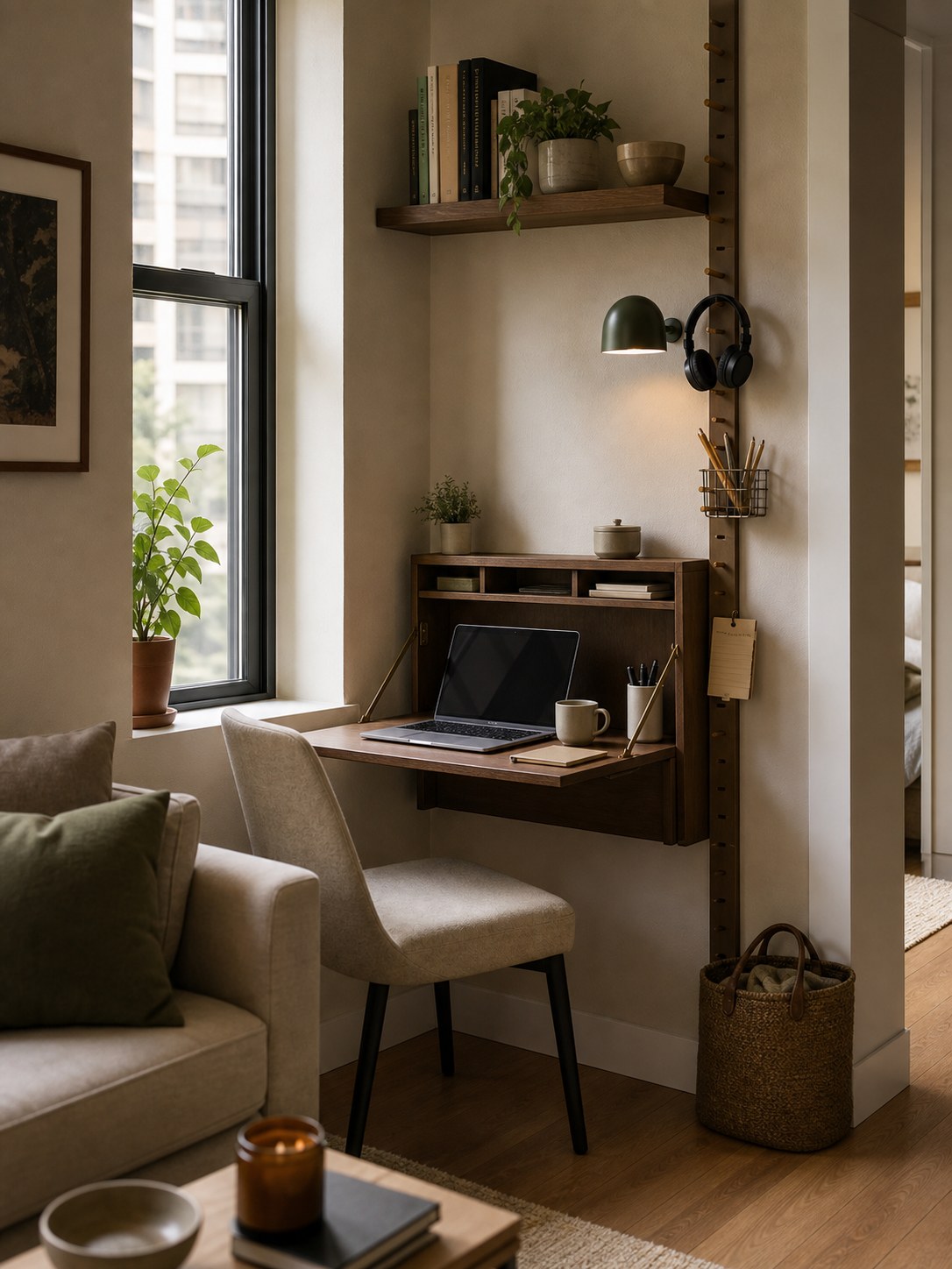 A compact home office nook with a slim desk and wall shelves