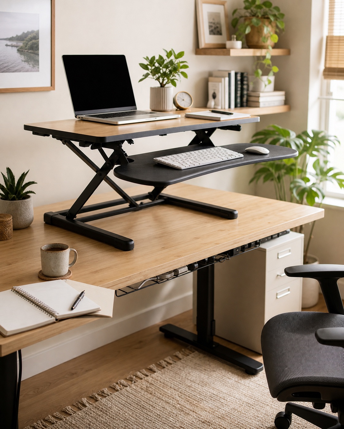 A real home office standing desk converter setup with laptop, keyboard, chair, and cable management
