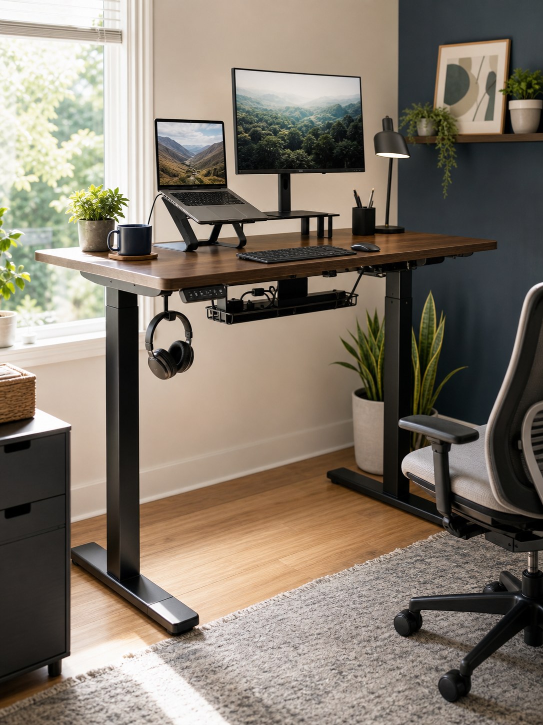 A standing desk setup with a laptop, monitor, chair, and plant
