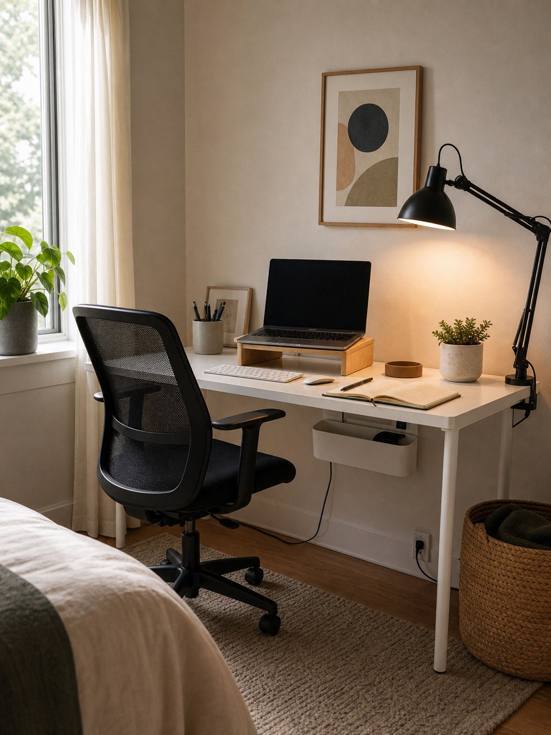 A compact home office setup with a slim desk, supportive chair, lamp, shelves, and plants