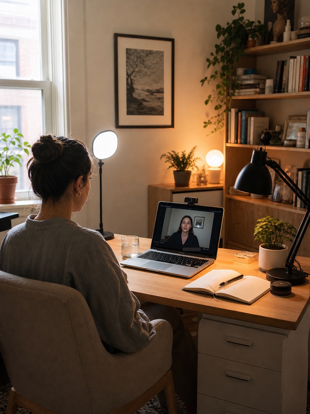 A home workspace with a laptop video call, side window light, and warm lamps