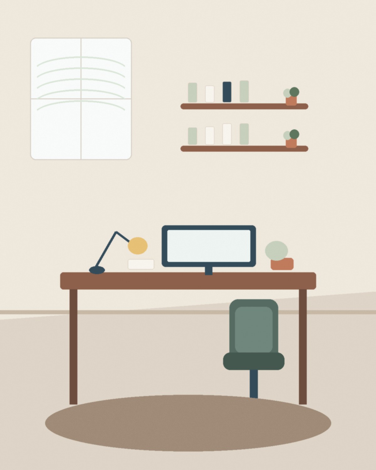 A calm home workspace with a wood desk, shelves, plants, and soft daylight