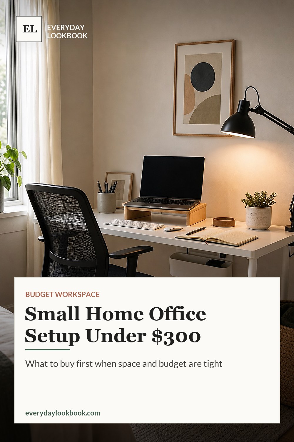 Pinterest graphic for a small home office setup under $300
