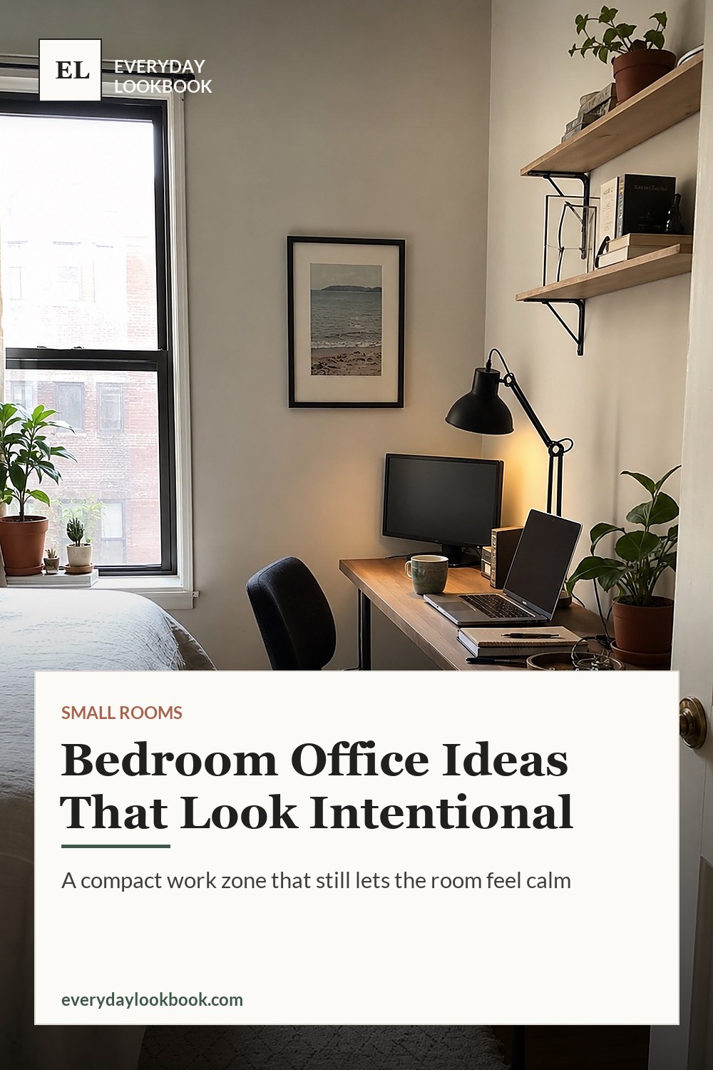 Pinterest graphic for intentional bedroom office ideas