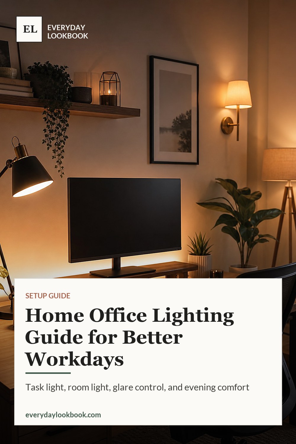 Pinterest graphic for a home office lighting guide