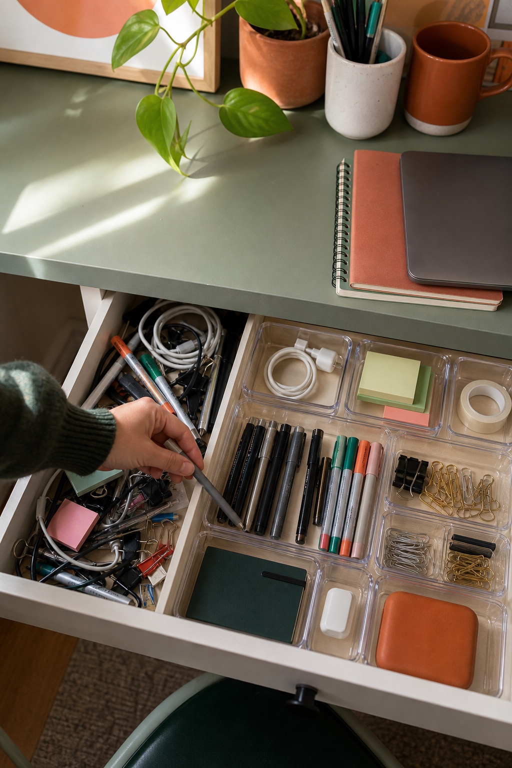 Pinterest graphic for drawer organizer trays in a home office
