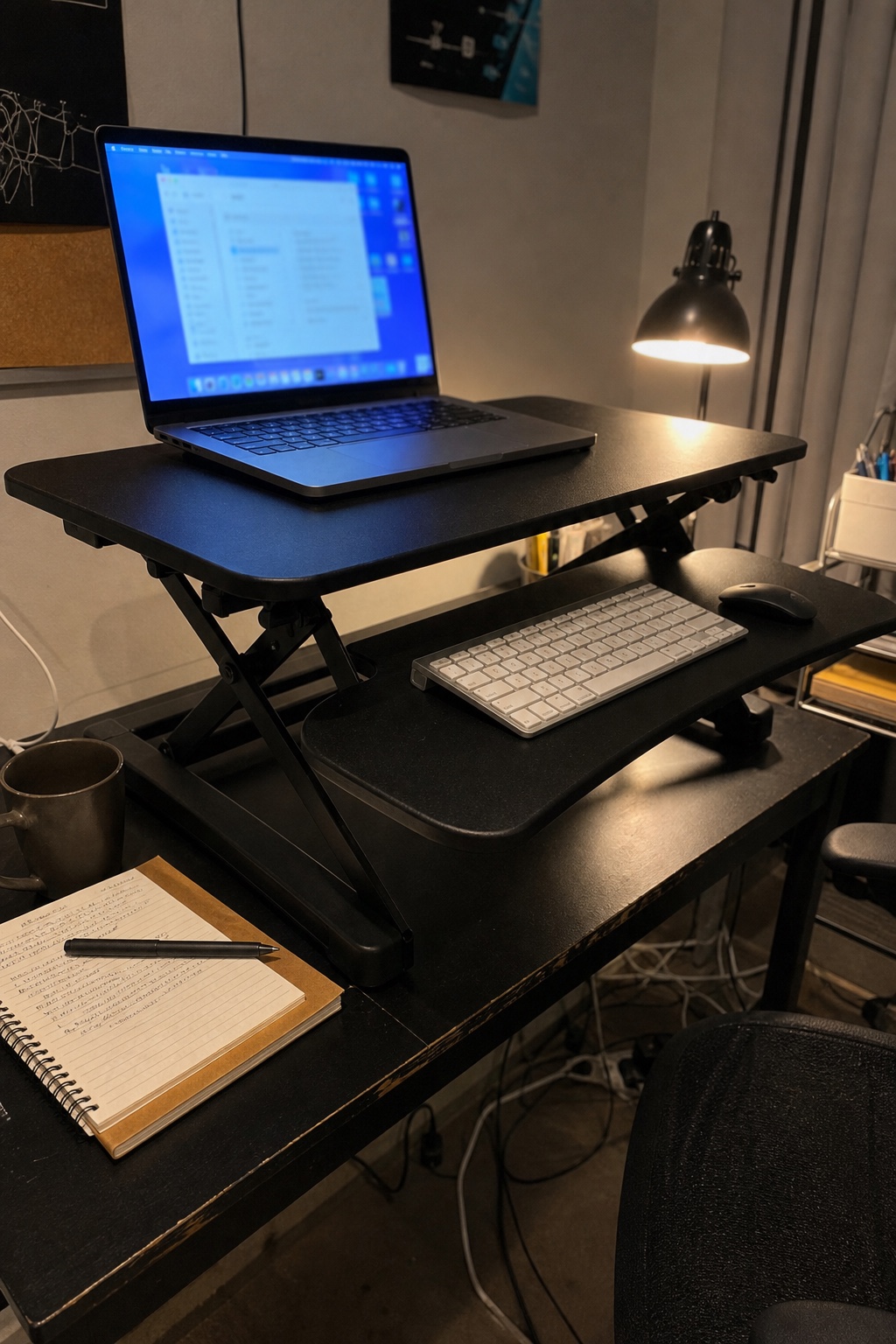 Pinterest image showing a realistic standing desk converter setup in a home office