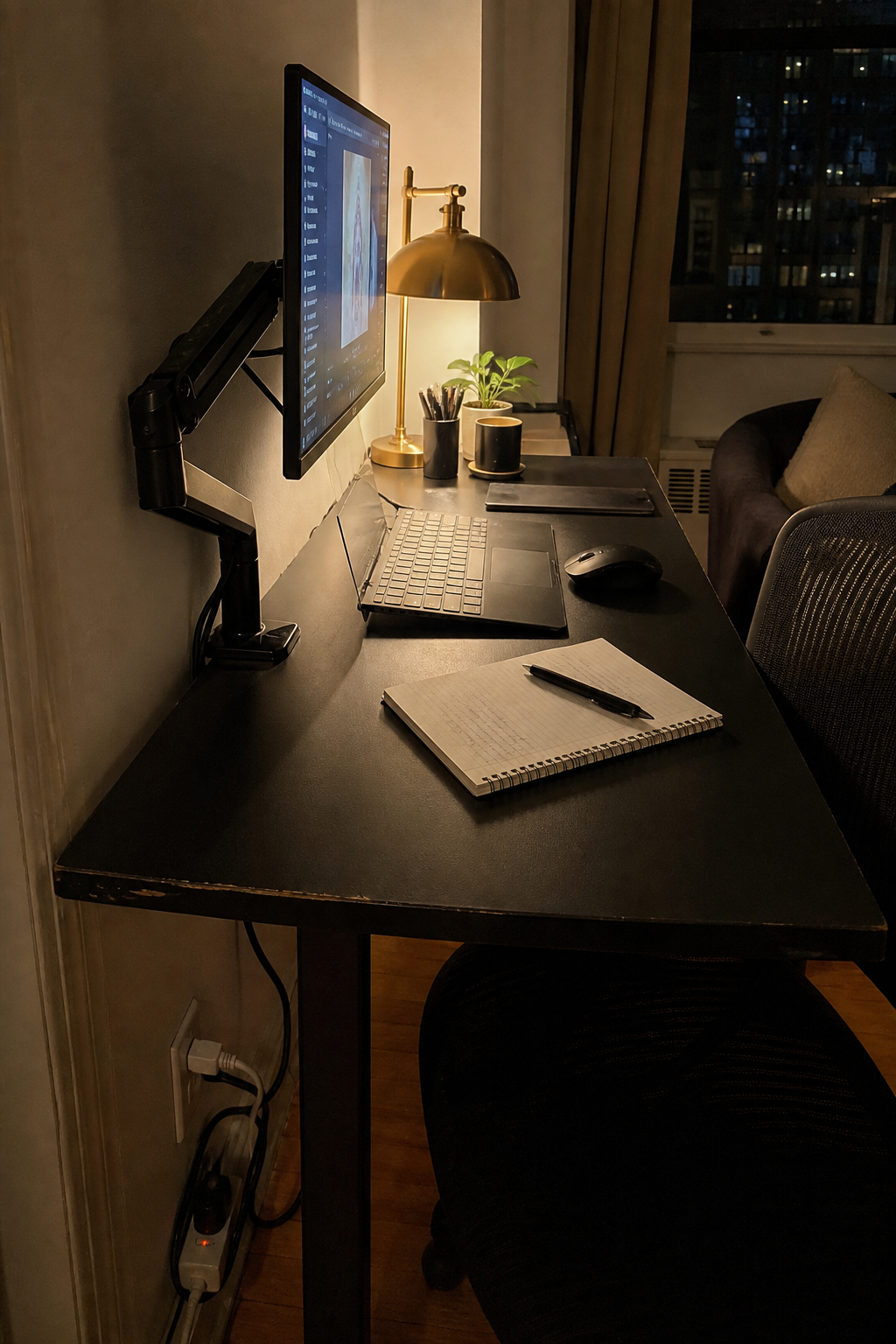 Pinterest image showing a small budget home office desk with a monitor arm freeing up desk space