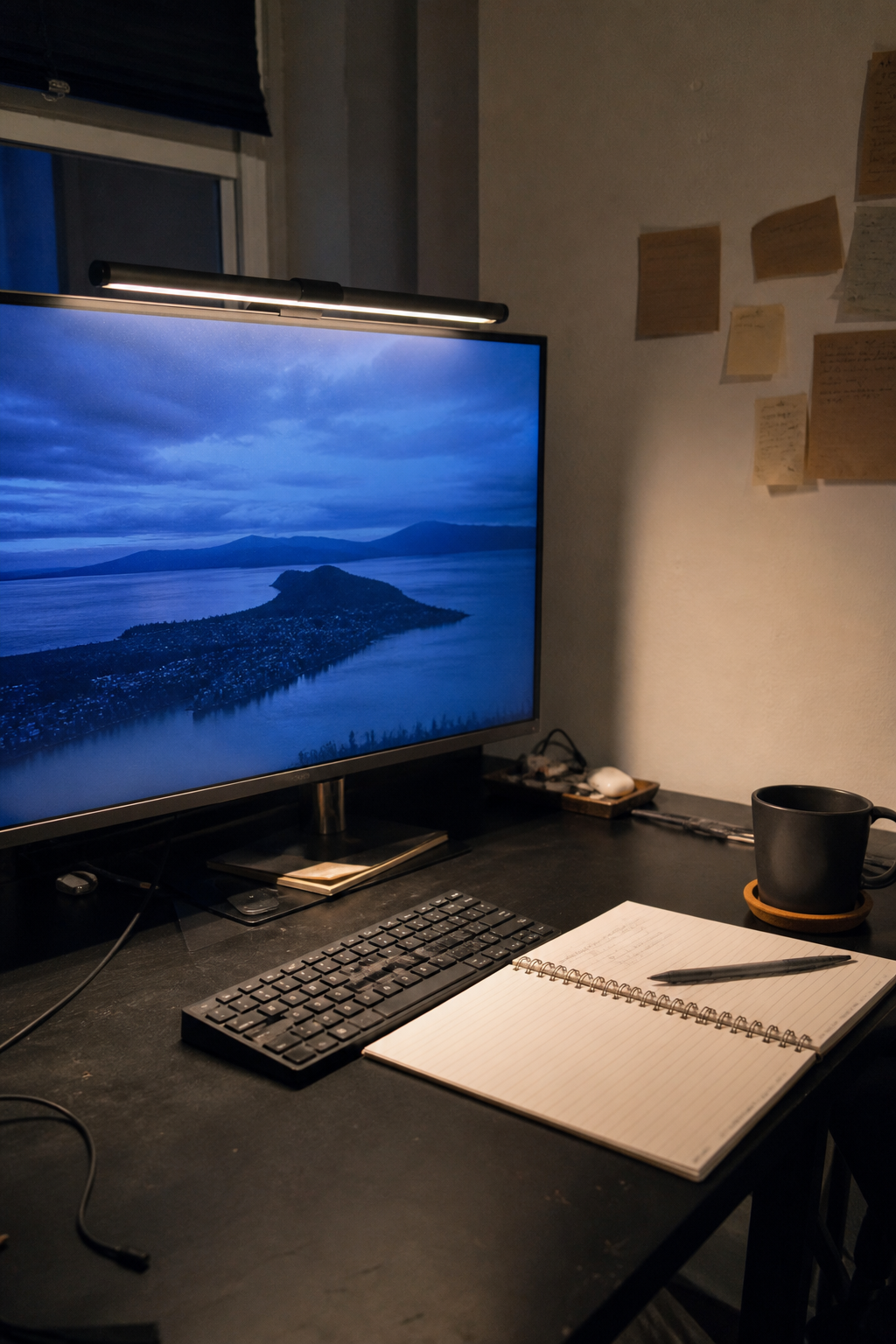 Pinterest image showing a small home office desk lit by a monitor light bar at night