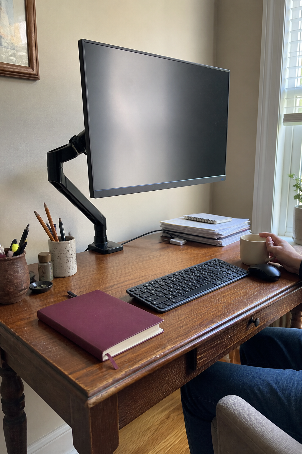 Monitor arm lifting a screen above a compact desk with keyboard and notebook below
