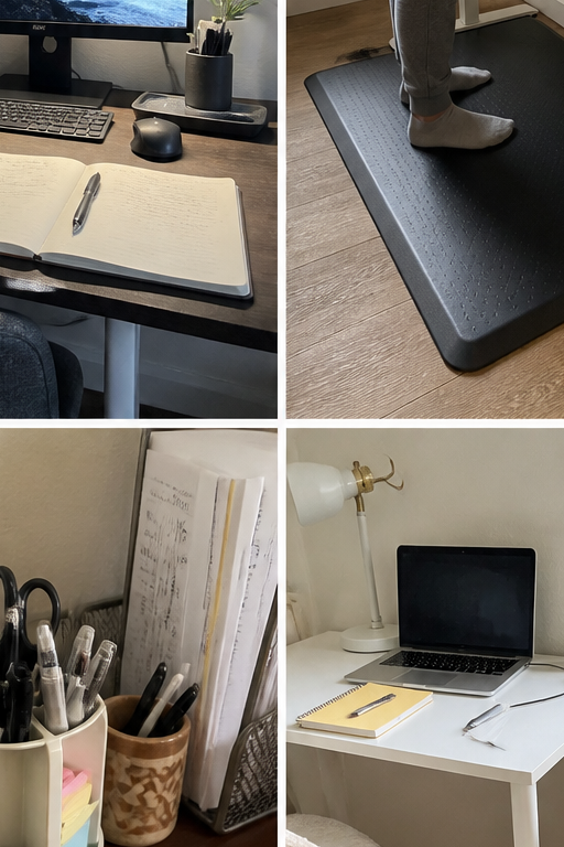 A slim monitor light bar lighting a calmer home office desk without another bulky lamp base