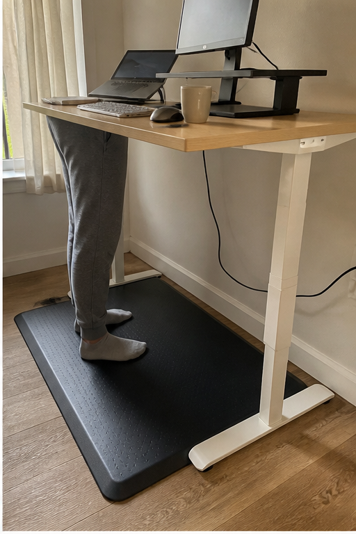 A standing desk setup with an anti-fatigue mat making the floor zone feel easier to use