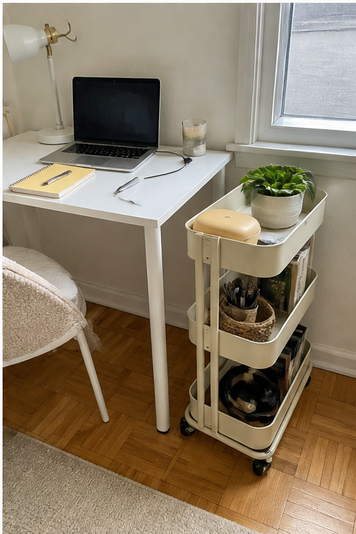 A slim rolling storage cart beside a bedroom office desk adding storage without crowding the room